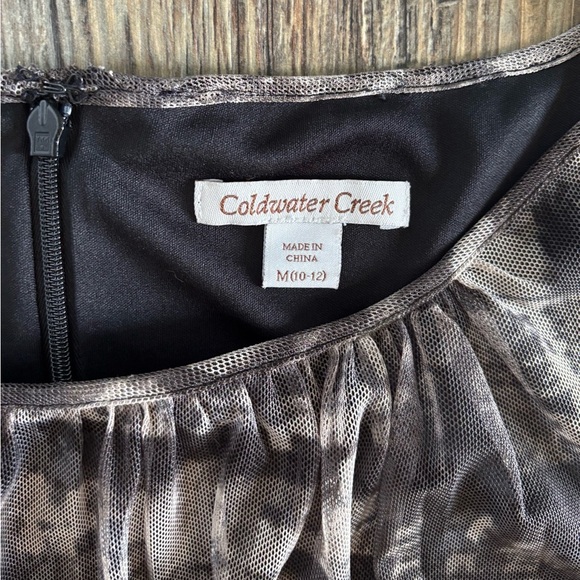 Coldwater Creek Midi Dress Sz M (10-12) Mesh Overlay Ruched Waistband Black Tan - Picture 8 of 12